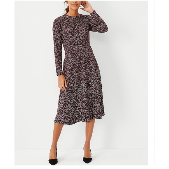 Ann Taylor Petite Dress 2P Maroon Black Cat Print Long Sleeve A Line Career - Picture 1 of 15